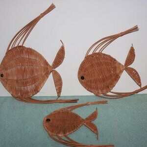 Set of 3 BOHO Vintage Wicker Rattan Fish Wall hanging Decor Beach Nautical